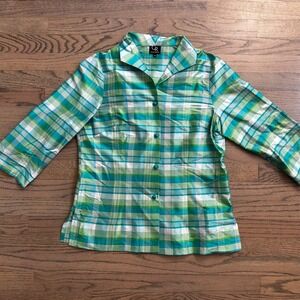 Connie Roberson XS Plaid Button Up Shirt Green Blue White Top
